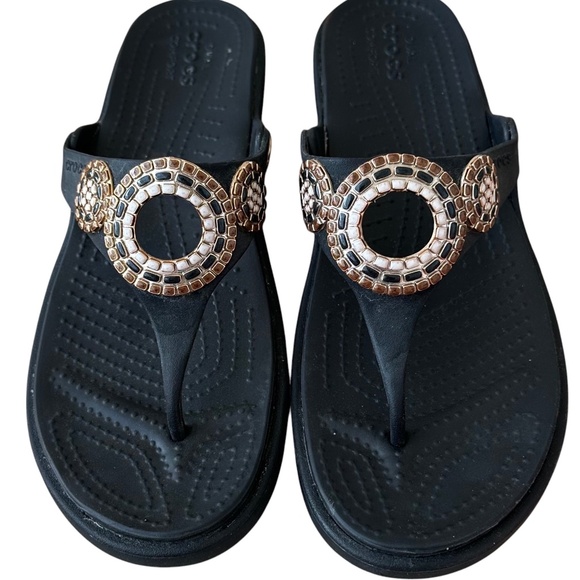 CROCS Shoes - Crocs Sanrah Diamante Sz 10 Wedge Sandals Thong Flip Flops Black Comfort